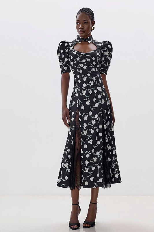 Printed Puff-Sleeve Midi
