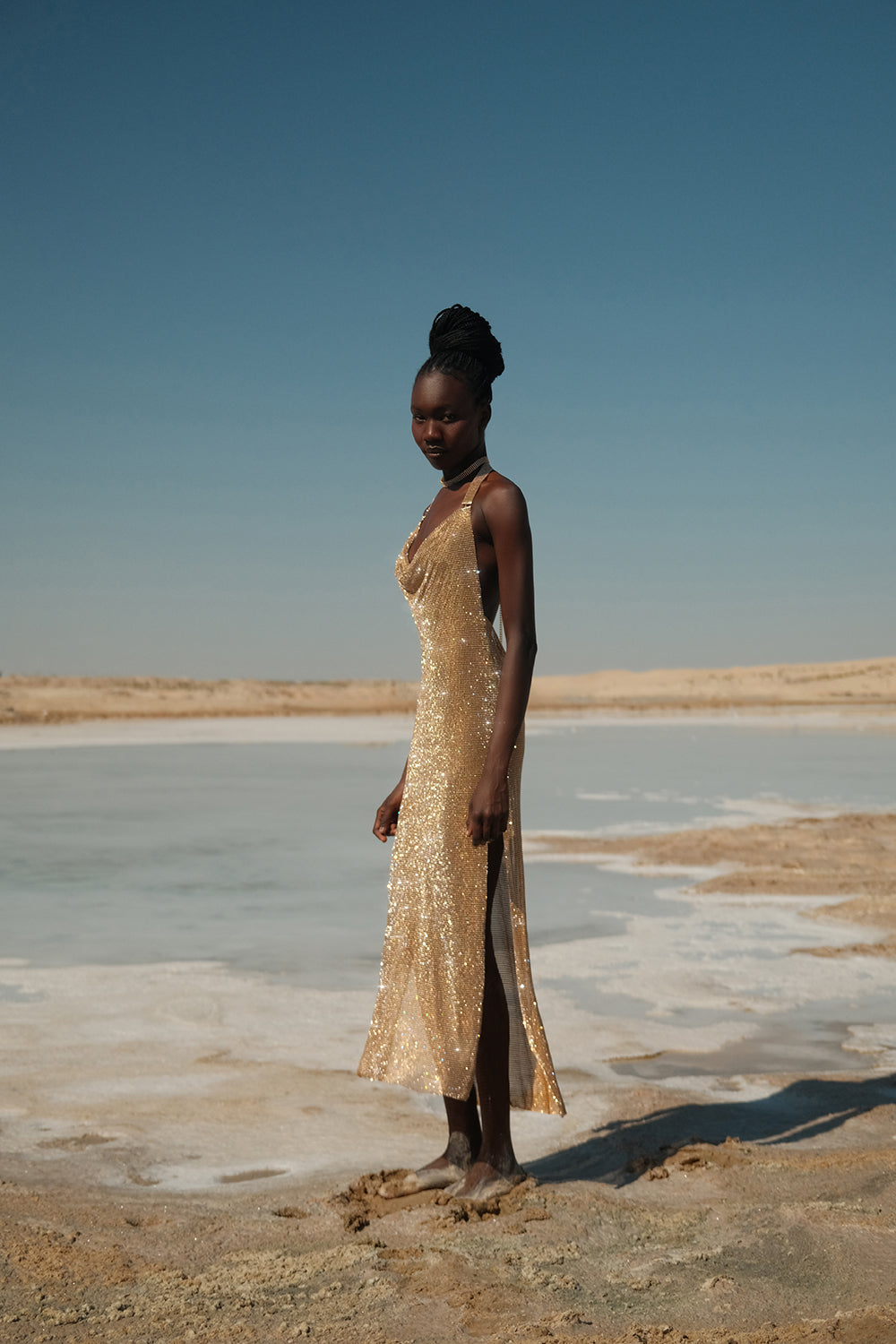 Gold Rhinestone Draped Gown