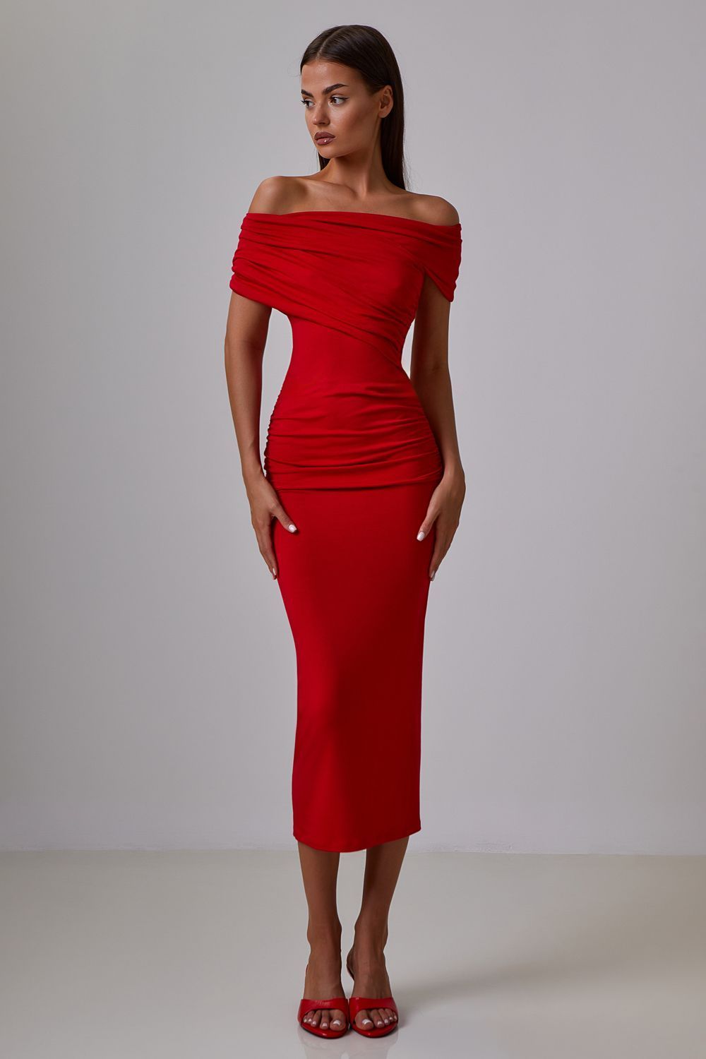 Off-Shoulder Draped Midi Dress
