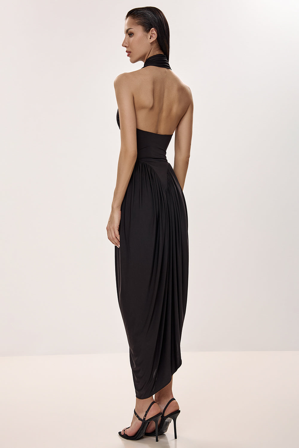Asymmetric Halter Midi Dress with Scarf