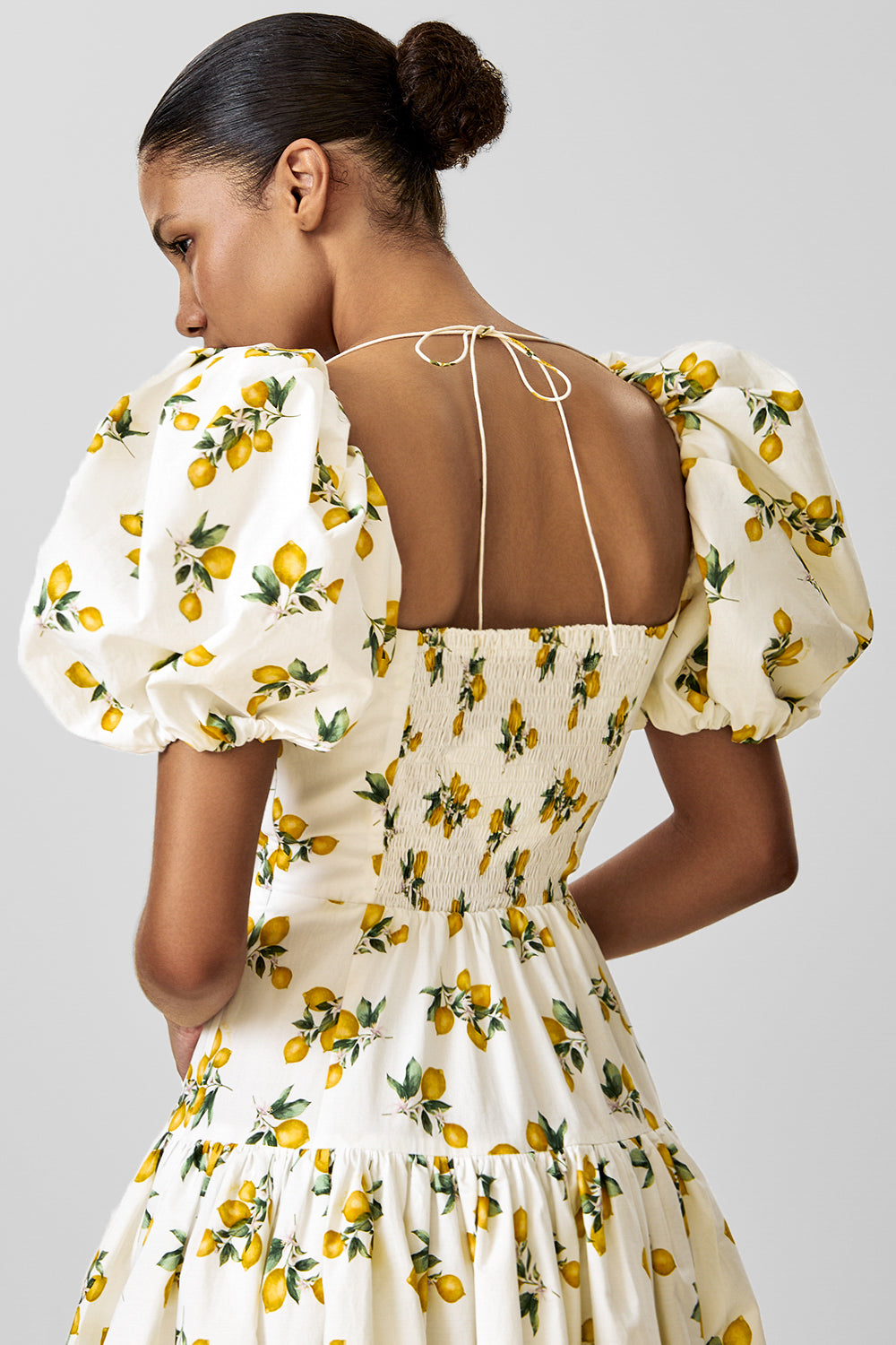 Cotton Midi Dress with Print and Puff Sleeves