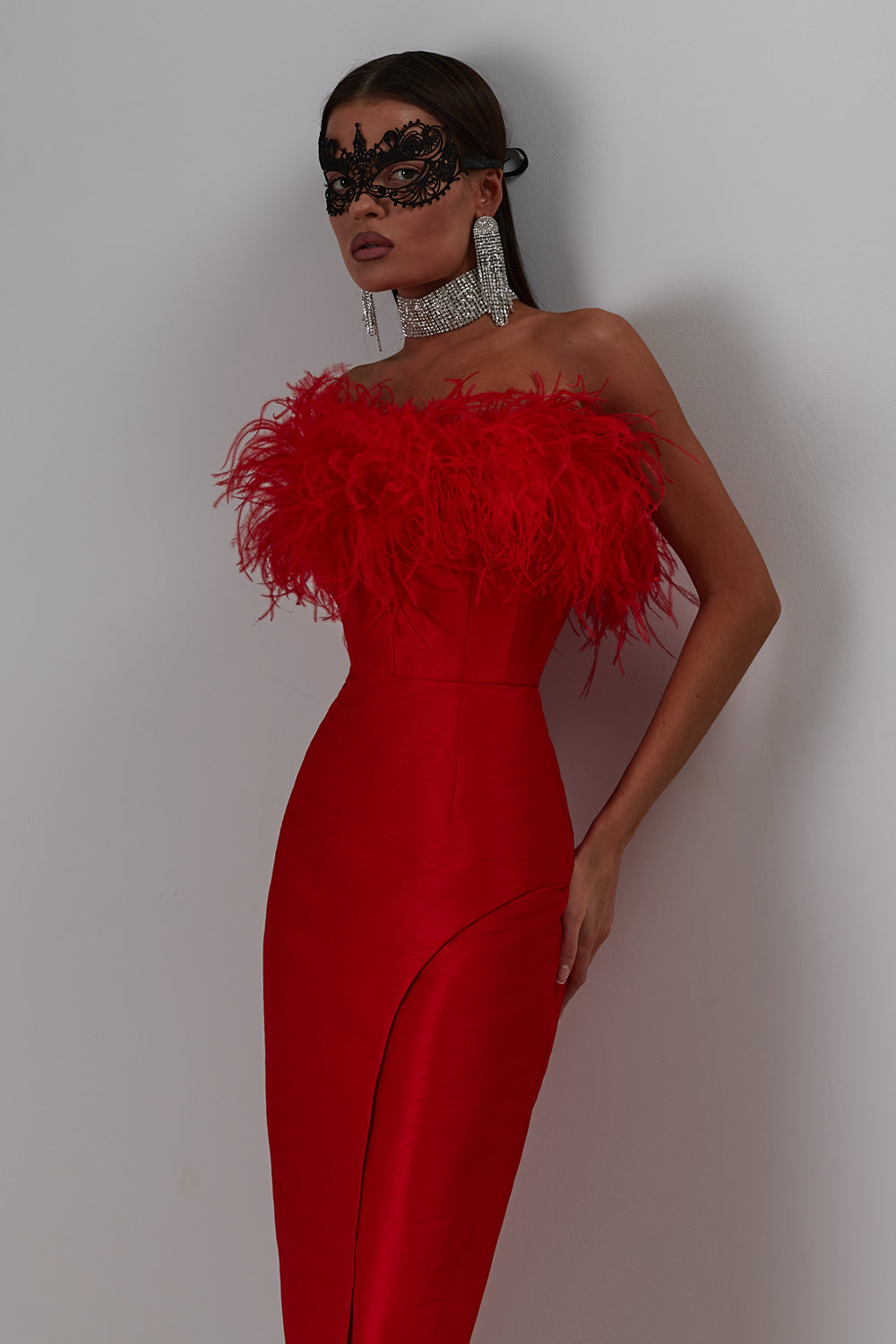 Feathered evening dress