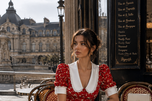 Red floral dress with a white contrast collar, styled at an outdoor café