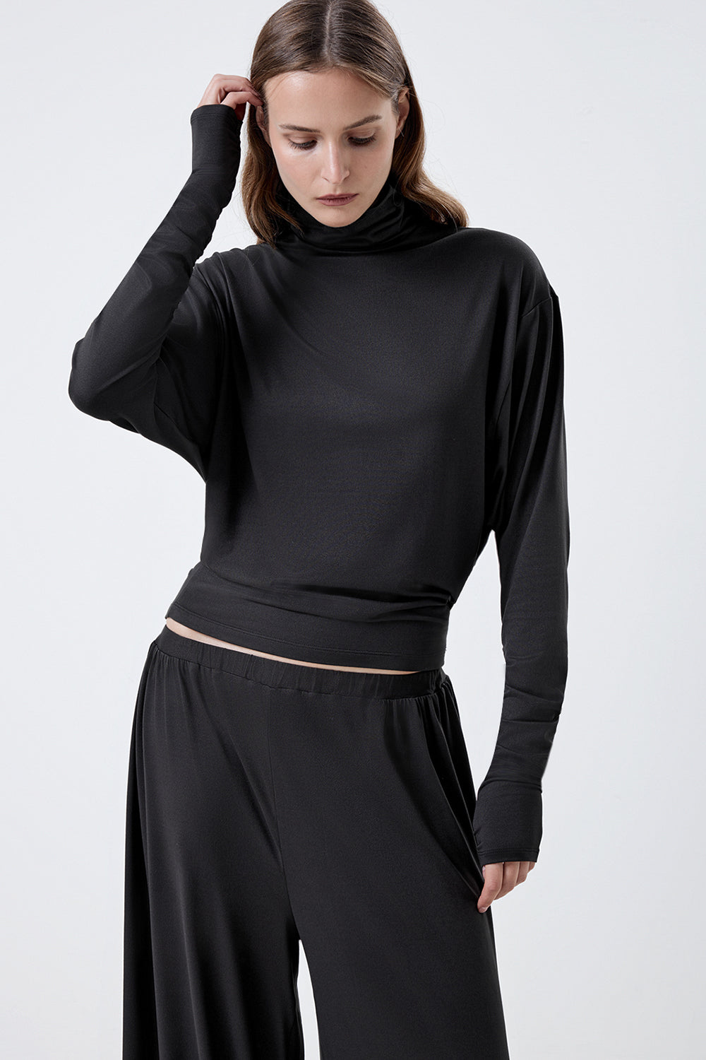 Long-sleeve top with a high neck and a waistband