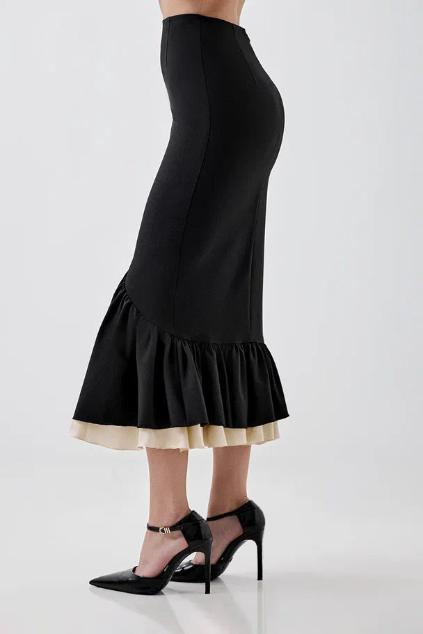 Midi skirt with a shaped ruffle