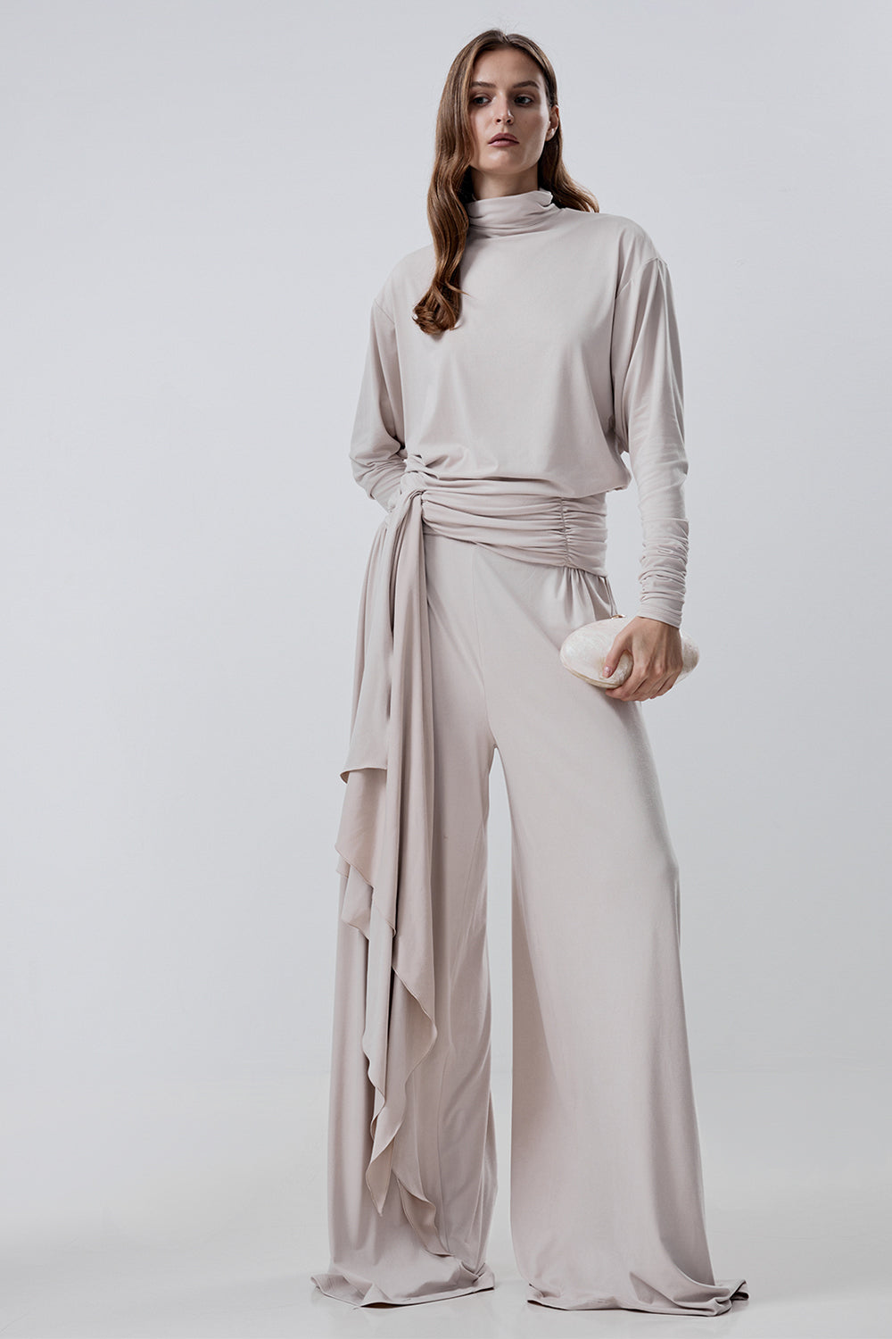 Long-sleeve top with a high neck and a waistband