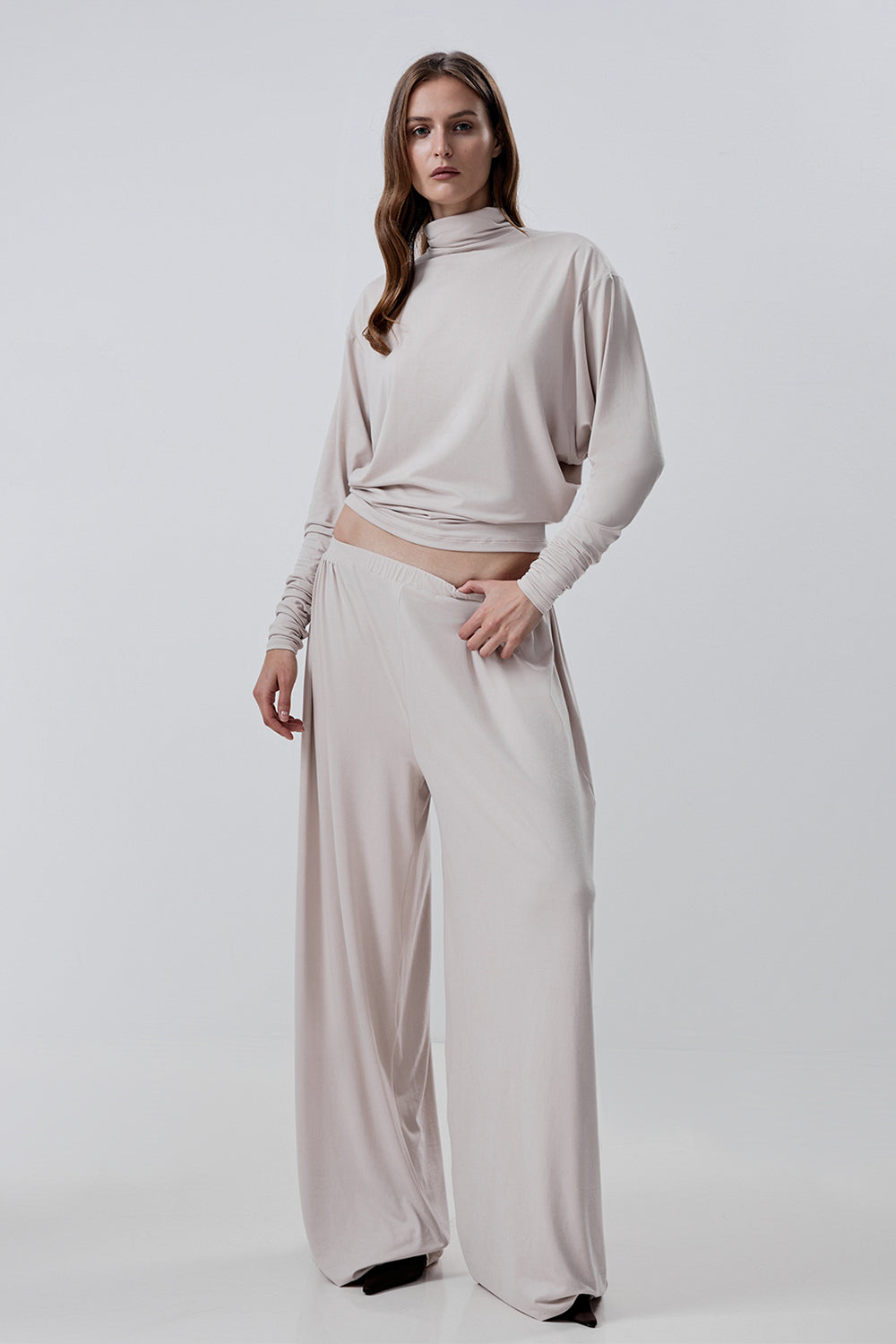 Long-sleeve top with a high neck and a waistband
