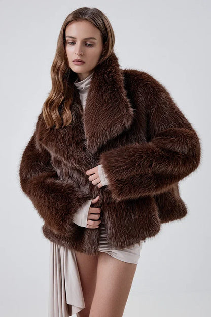Cropped faux fur coat with a notched collar