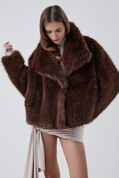 Cropped faux fur coat with a notched collar