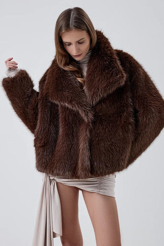 Cropped faux fur coat with a notched collar