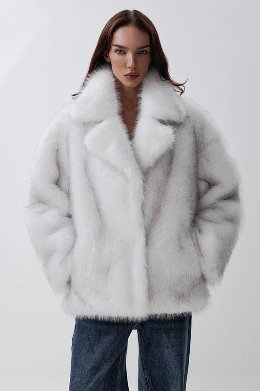 Cropped faux fur coat with a notched collar