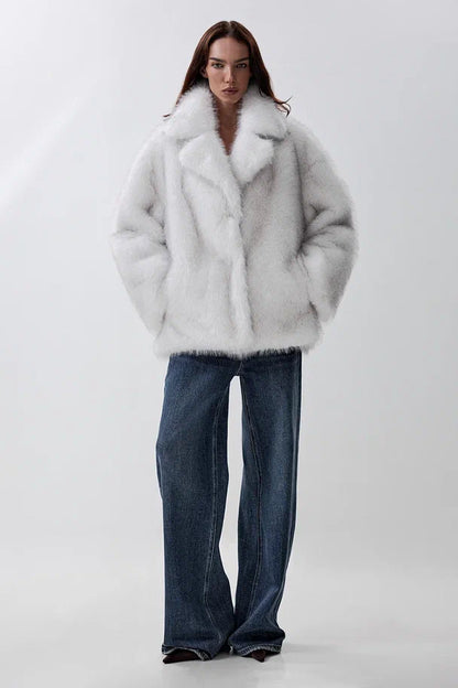 Cropped faux fur coat with a notched collar