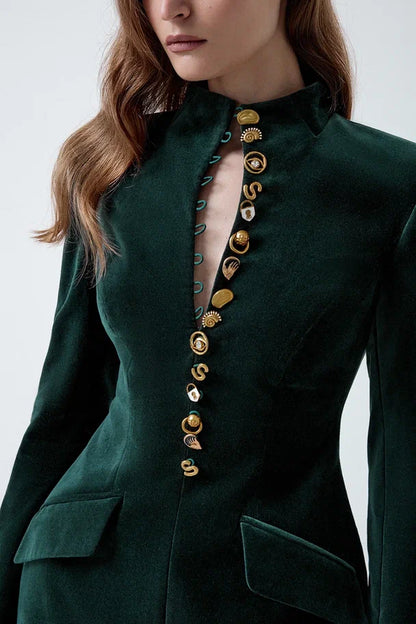 Velvet blazer dress with statement buttons