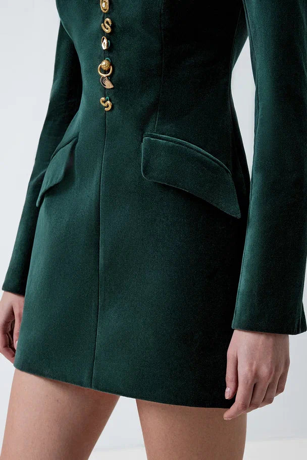 Velvet blazer dress with statement buttons