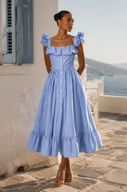 Midi Dress with Ruffle Sleeves and Fitted Waist