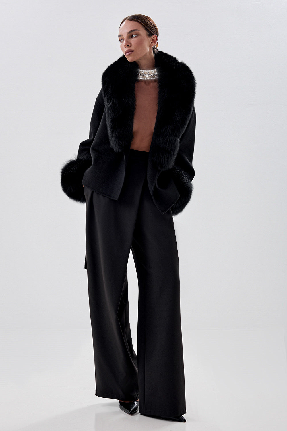 Cropped Wool Coat with Arctic Fox Fur Trim