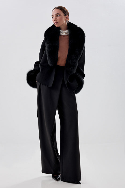 Cropped Wool Coat with Arctic Fox Fur Trim