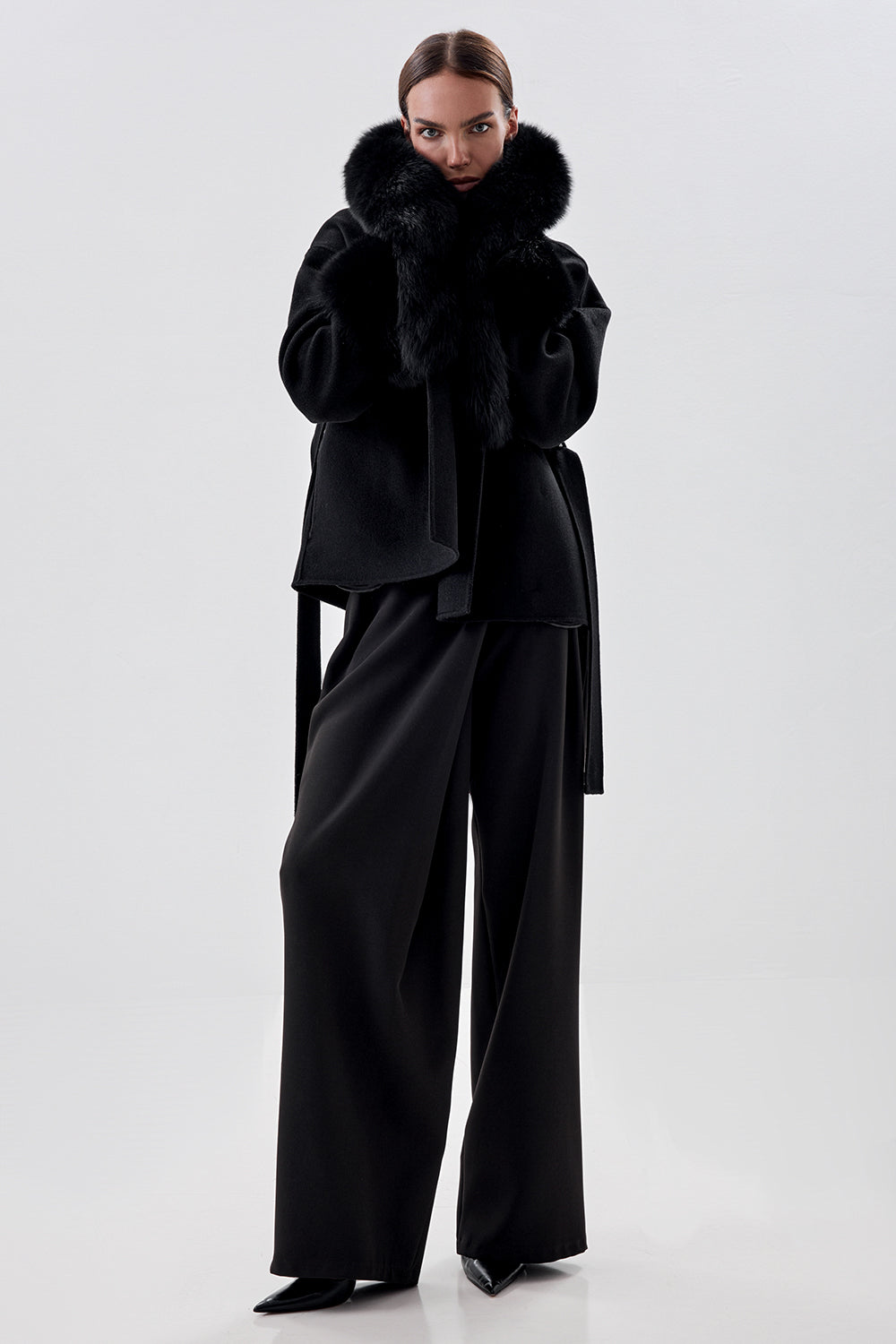 Cropped Wool Coat with Arctic Fox Fur Trim
