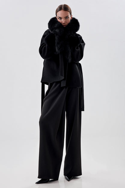 Cropped Wool Coat with Arctic Fox Fur Trim