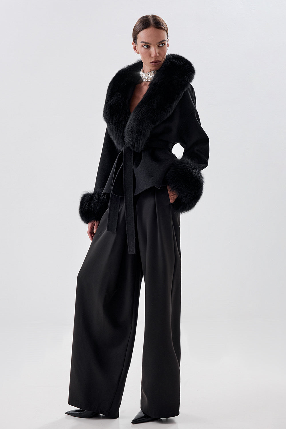 Cropped Wool Coat with Arctic Fox Fur Trim