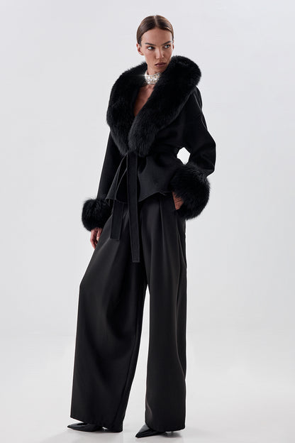 Cropped Wool Coat with Arctic Fox Fur Trim