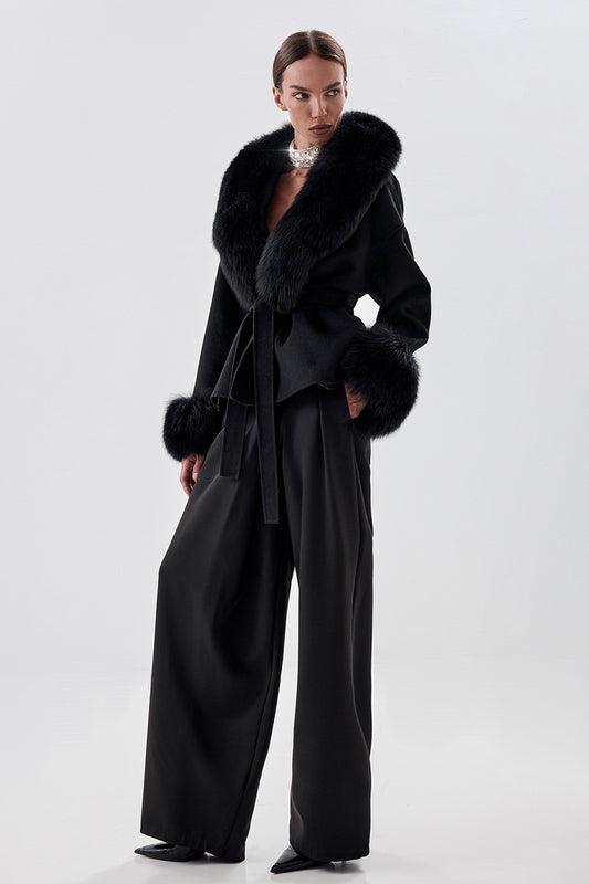 Cropped Wool Coat with Arctic Fox Fur Trim