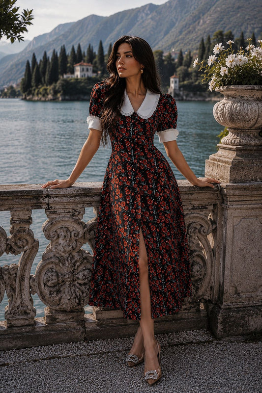 Floral Midi Dress with Contrast Collar