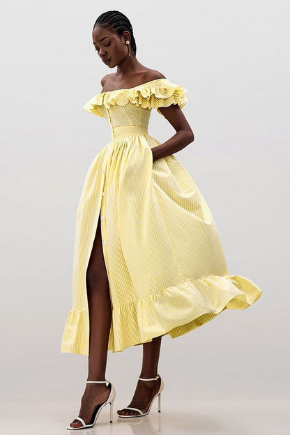 Midi Dress with Ruffle Sleeves and Fitted Waist
