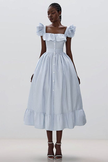 Midi Dress with Ruffle Sleeves and Fitted Waist
