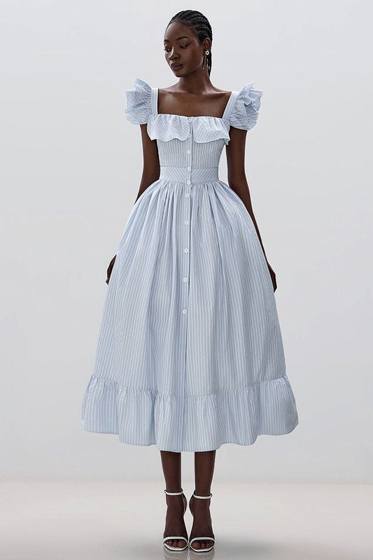 Midi Dress with Ruffle Sleeves and Fitted Waist