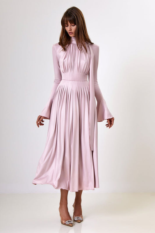 Pleated Bow-Neck Midi Dress