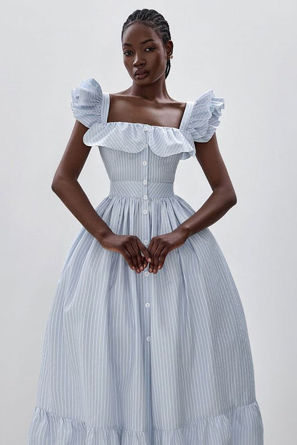Midi Dress with Ruffle Sleeves and Fitted Waist