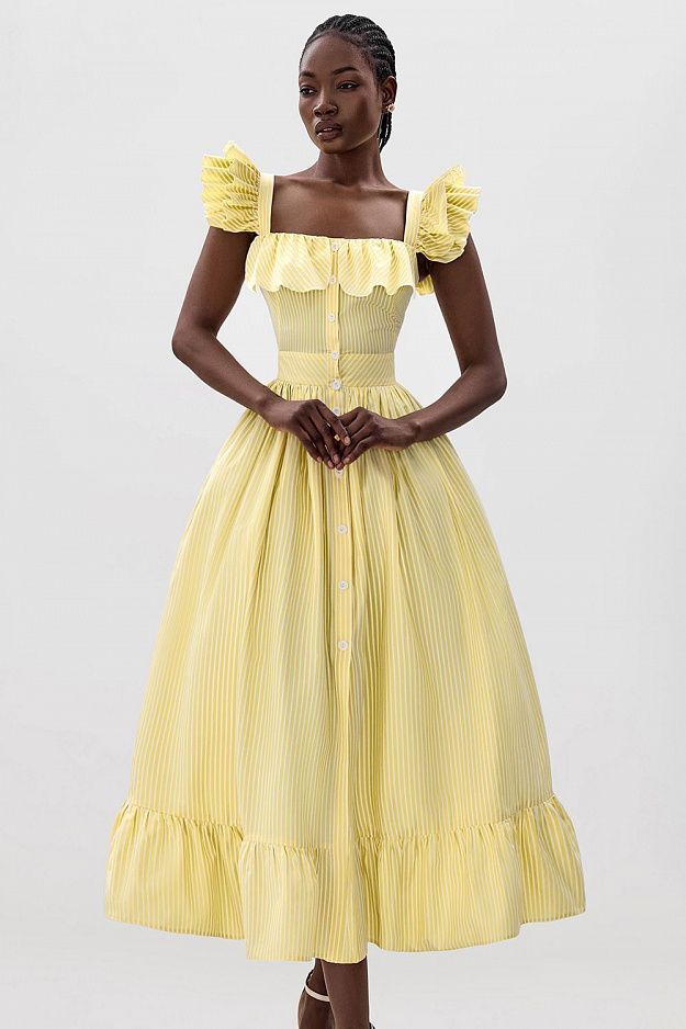 Midi Dress with Ruffle Sleeves and Fitted Waist