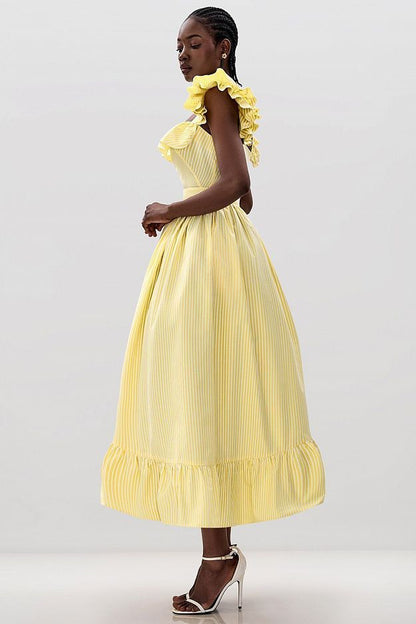 Midi Dress with Ruffle Sleeves and Fitted Waist
