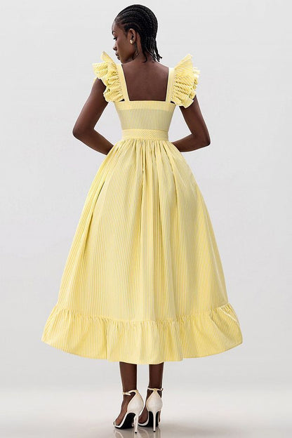 Midi Dress with Ruffle Sleeves and Fitted Waist
