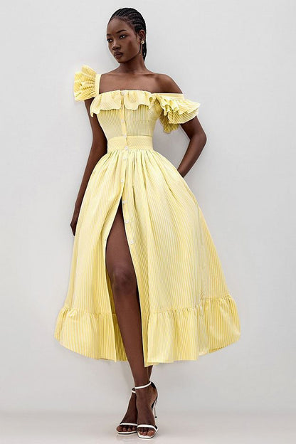 Midi Dress with Ruffle Sleeves and Fitted Waist