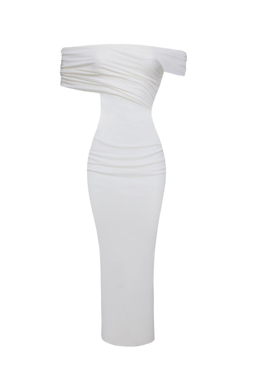 Off-Shoulder Draped Midi Dress