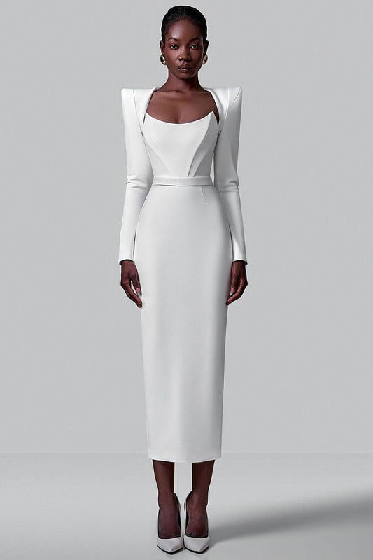 Sheath dress with statement shoulders