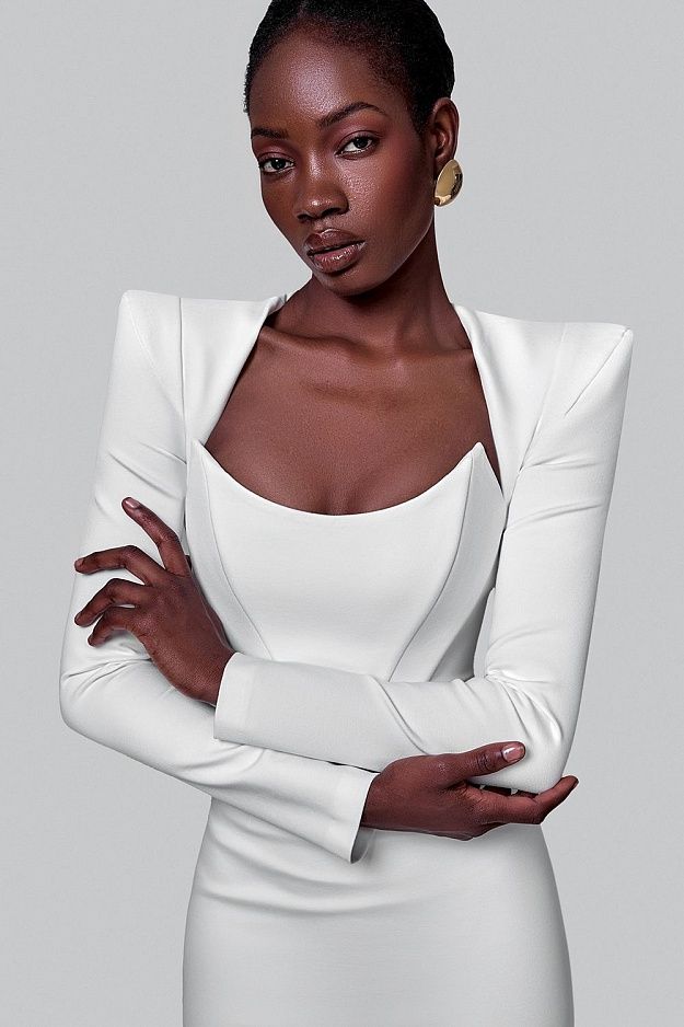 Sheath dress with statement shoulders