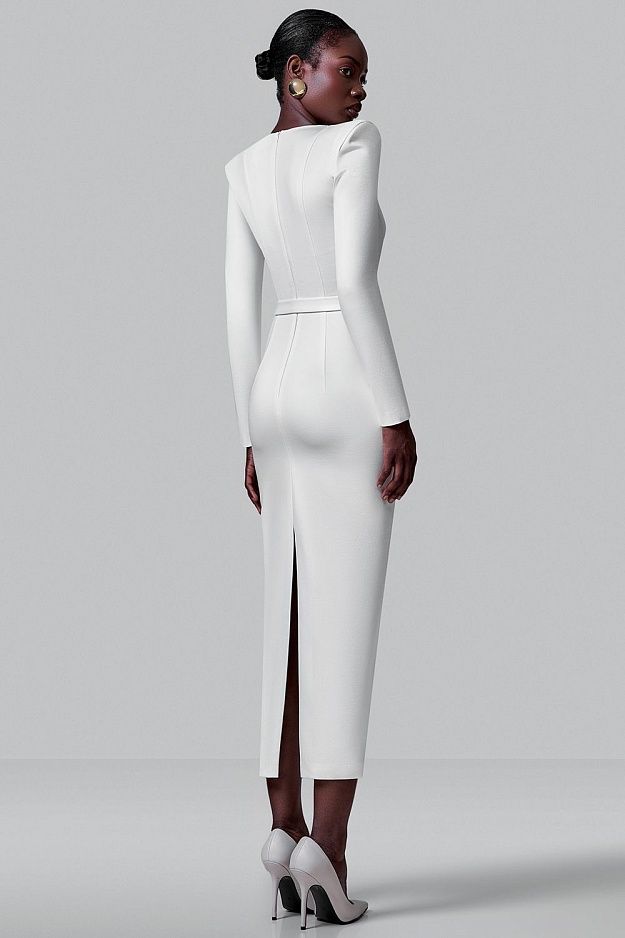 Sheath dress with statement shoulders