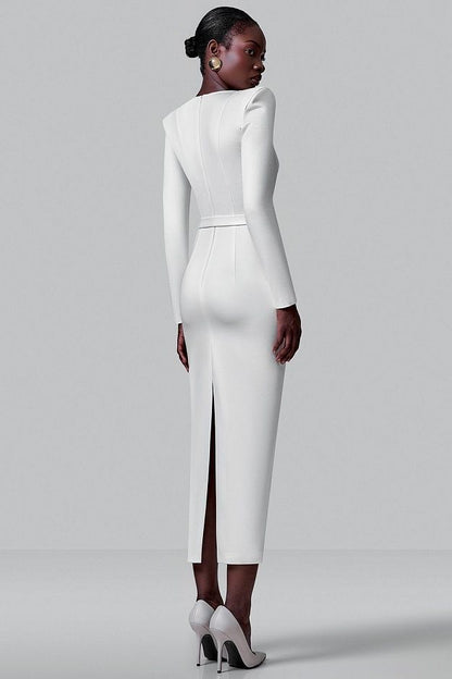 Sheath dress with statement shoulders