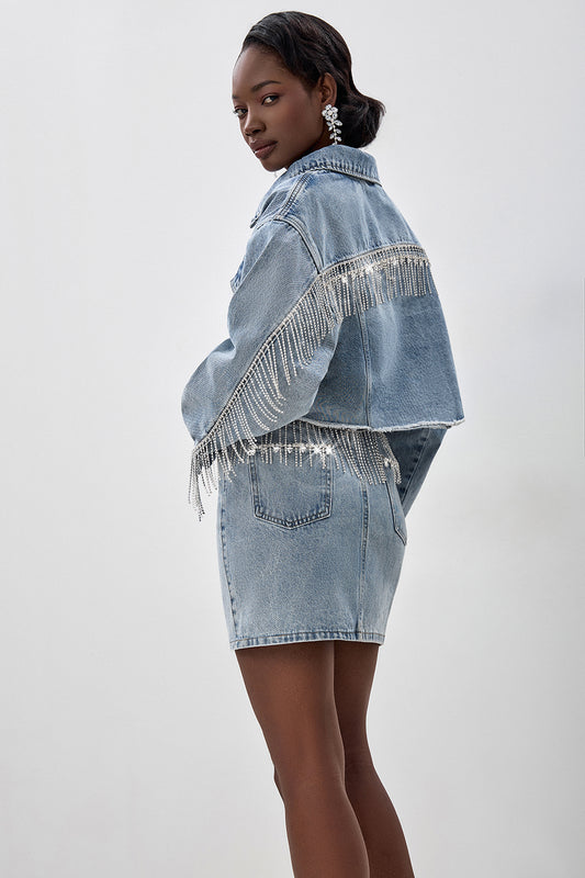 Cropped denim jacket with rhinestones