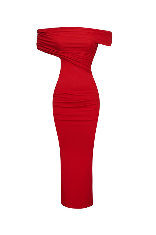 Off-Shoulder Draped Midi Dress