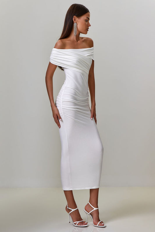 Off-Shoulder Draped Midi Dress