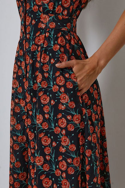 Floral Midi Dress with Contrast Collar