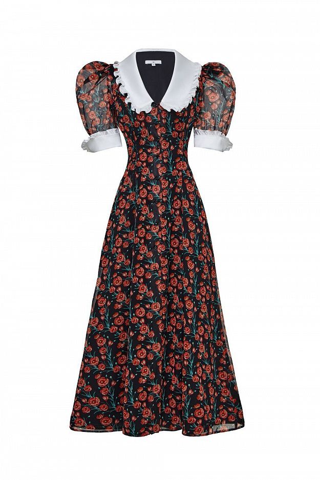 Floral Midi Dress with Contrast Collar