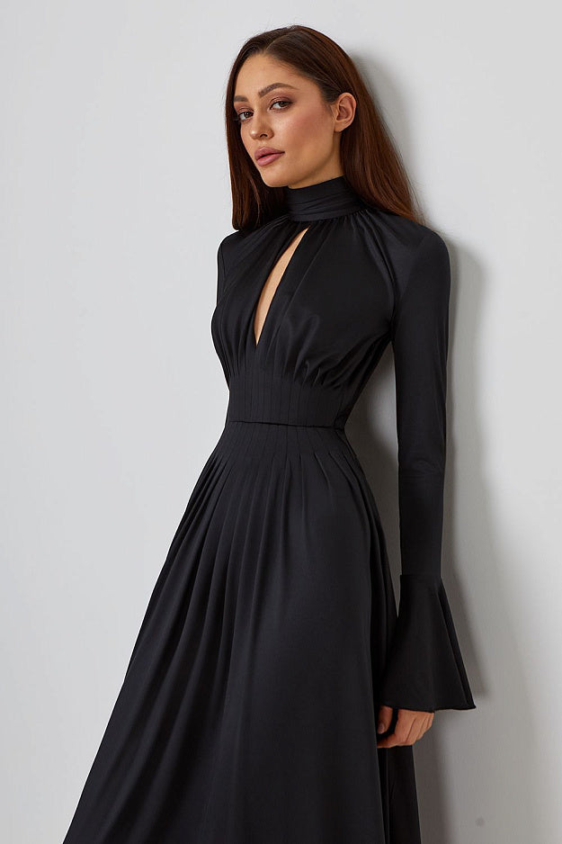 Pleated Bow-Neck Midi Dress