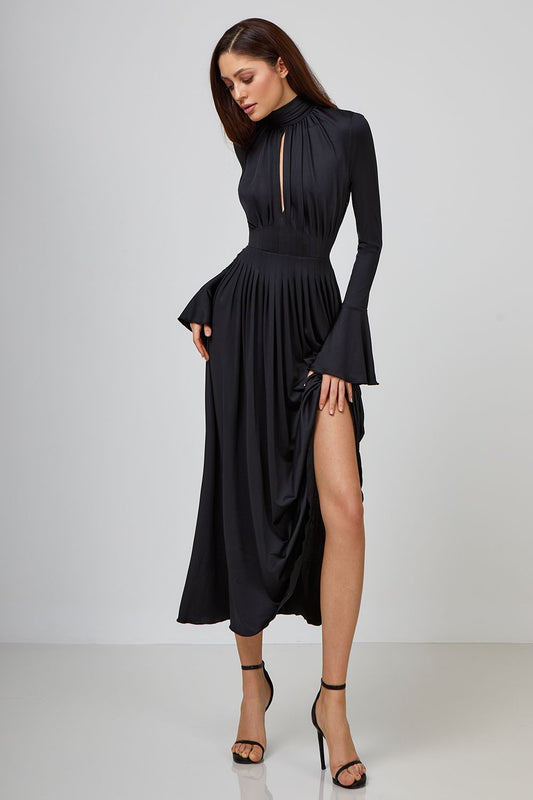 Pleated Bow-Neck Midi Dress