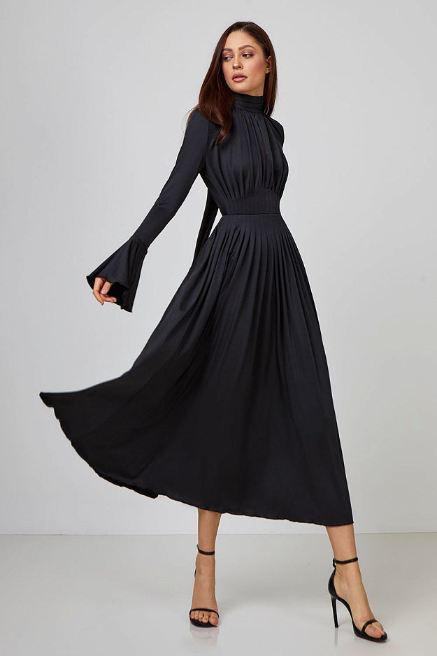 Pleated Bow-Neck Midi Dress