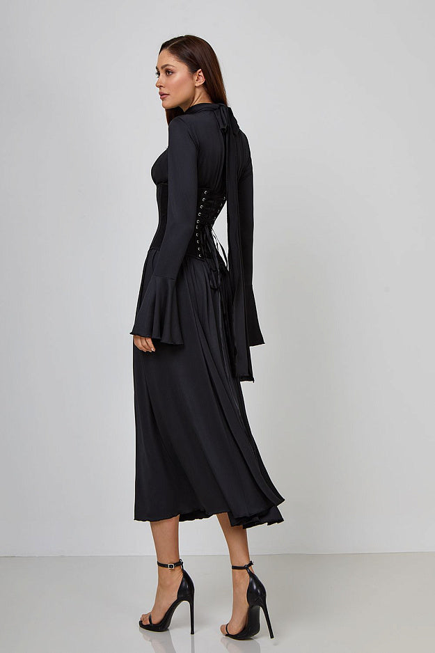Pleated Bow-Neck Midi Dress
